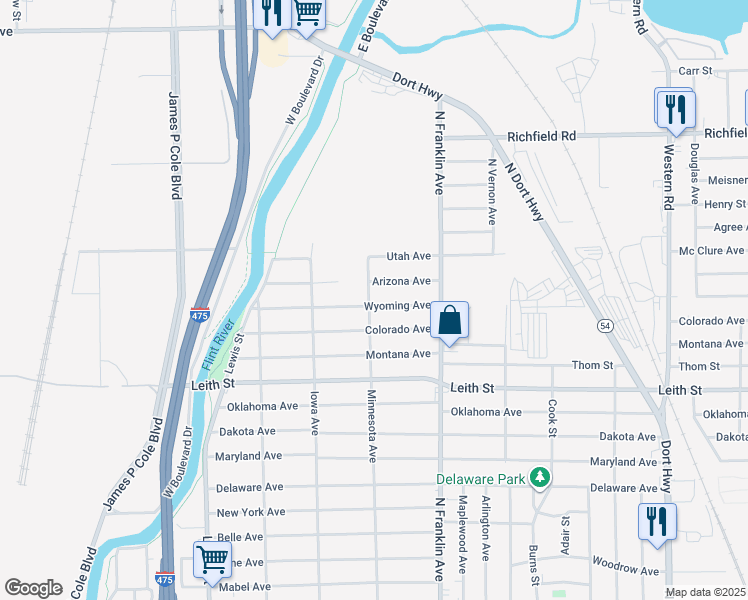 map of restaurants, bars, coffee shops, grocery stores, and more near 1703 Wyoming Avenue in Flint