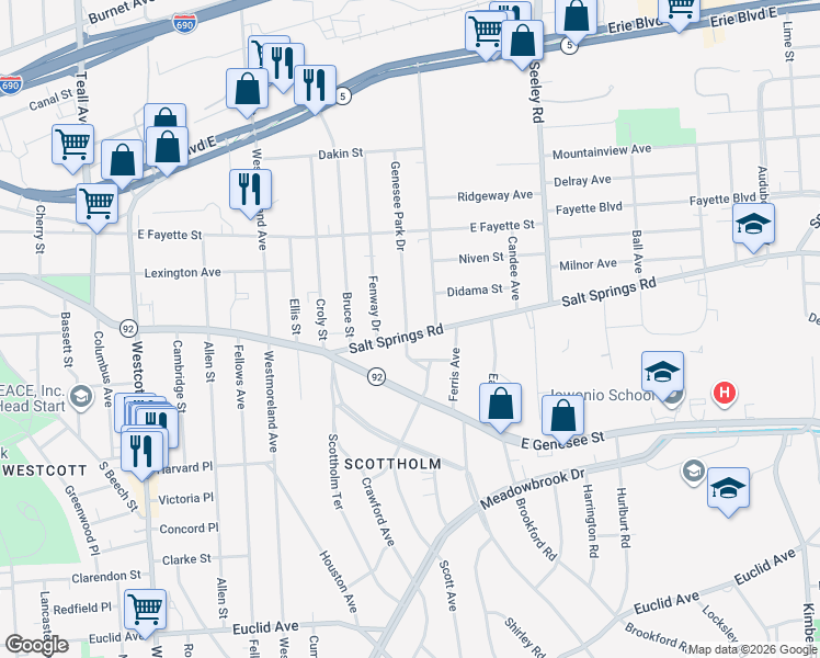 map of restaurants, bars, coffee shops, grocery stores, and more near 409 Salt Springs Road in Syracuse