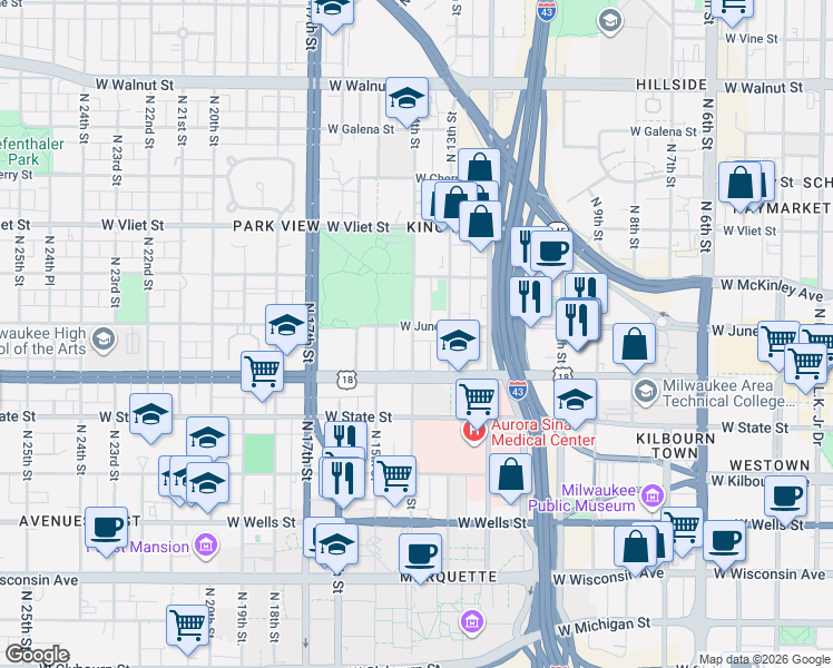map of restaurants, bars, coffee shops, grocery stores, and more near 1339 West Juneau Avenue in Milwaukee