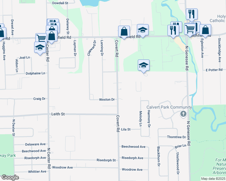 map of restaurants, bars, coffee shops, grocery stores, and more near 2455 Covert Rd in Burton