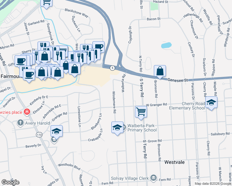 map of restaurants, bars, coffee shops, grocery stores, and more near 119 Windemere Road in Syracuse