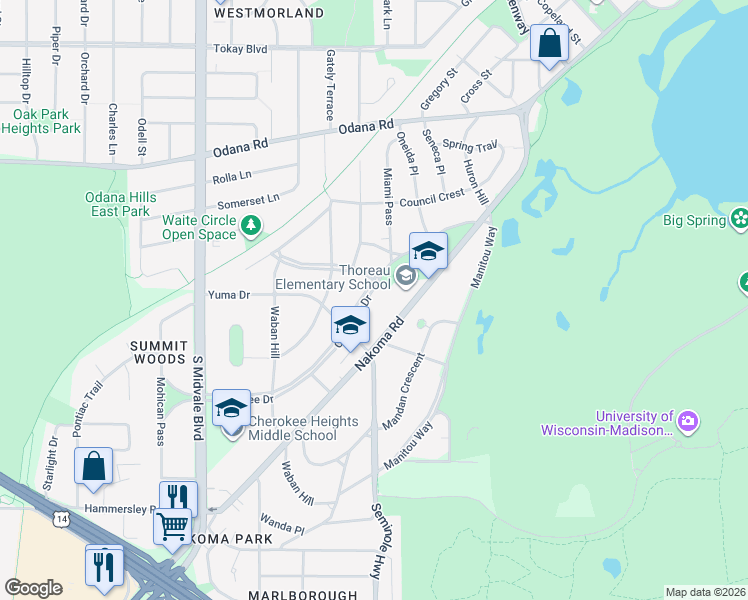 map of restaurants, bars, coffee shops, grocery stores, and more near 4025 Cherokee Drive in Madison