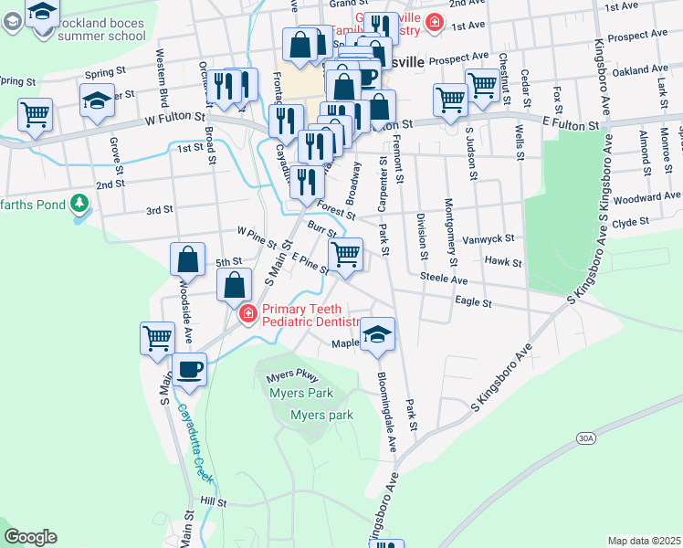 map of restaurants, bars, coffee shops, grocery stores, and more near 43 East Pine Street in Gloversville