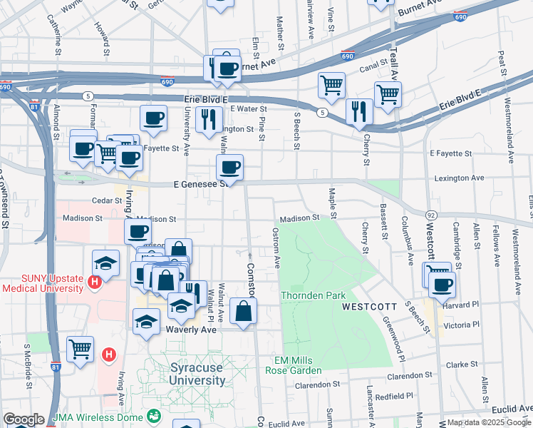 map of restaurants, bars, coffee shops, grocery stores, and more near 1107 Madison Street in Syracuse