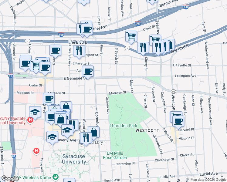 map of restaurants, bars, coffee shops, grocery stores, and more near 1209 Madison Street in Syracuse