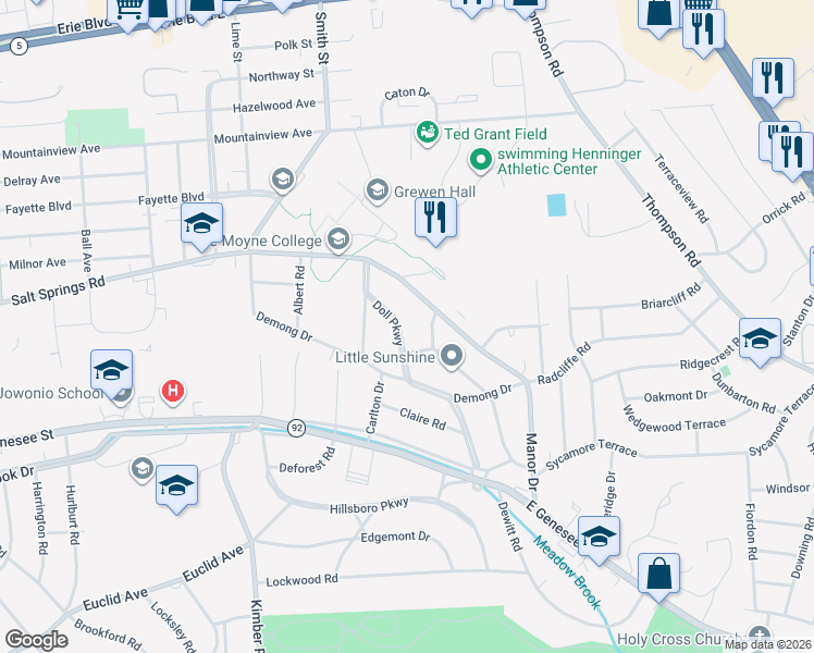 map of restaurants, bars, coffee shops, grocery stores, and more near 121 Doll Parkway in Syracuse