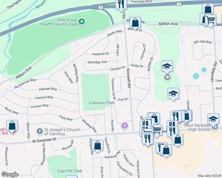 map of restaurants, bars, coffee shops, grocery stores, and more near 124 Thornton Circle North in Camillus