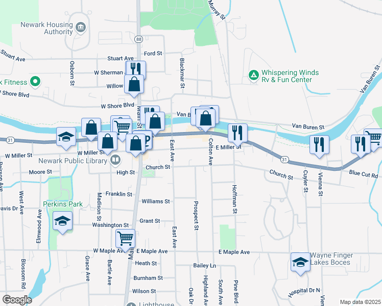 map of restaurants, bars, coffee shops, grocery stores, and more near 217 East Miller Street in Newark