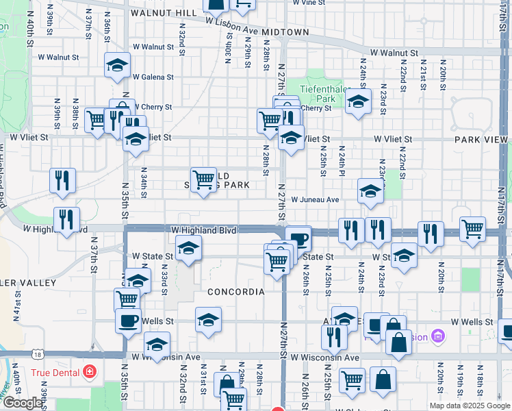 map of restaurants, bars, coffee shops, grocery stores, and more near 2817 West Juneau Avenue in Milwaukee