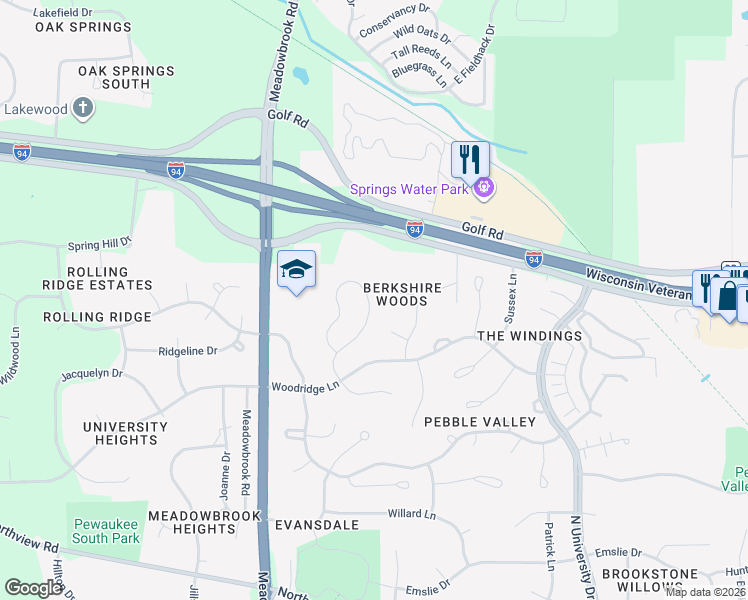 map of restaurants, bars, coffee shops, grocery stores, and more near 2847 Coventry Lane in Waukesha