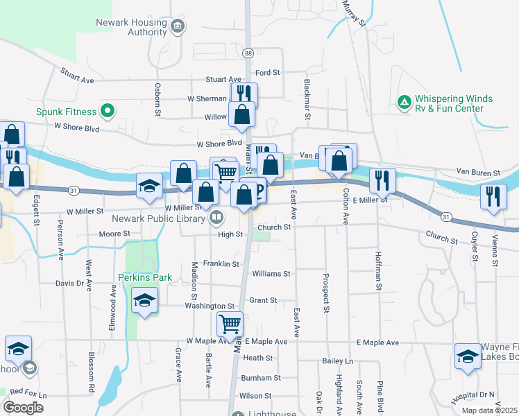 map of restaurants, bars, coffee shops, grocery stores, and more near 117 East Miller Street in Newark