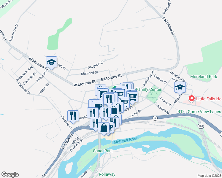 map of restaurants, bars, coffee shops, grocery stores, and more near 39 North Ann Street in Little Falls