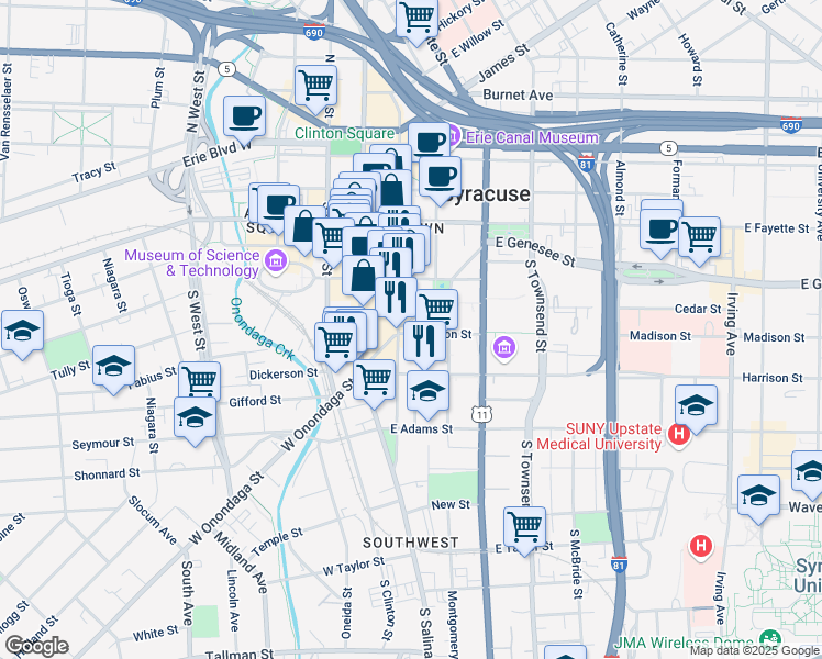map of restaurants, bars, coffee shops, grocery stores, and more near 121 Madison Street in Syracuse
