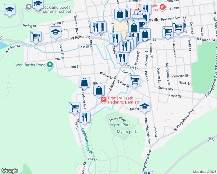 map of restaurants, bars, coffee shops, grocery stores, and more near 158 South Main Street in Gloversville