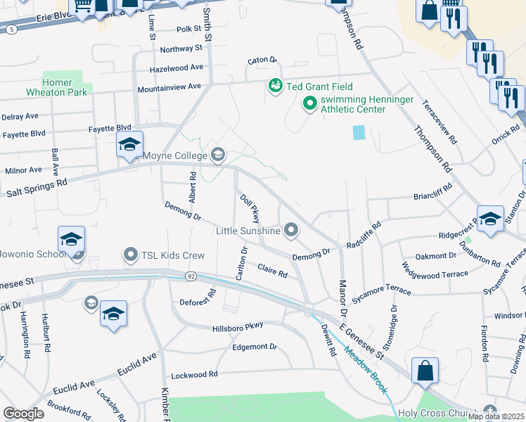 map of restaurants, bars, coffee shops, grocery stores, and more near 121 Doll Parkway in Syracuse