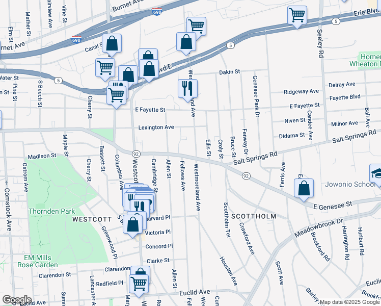 map of restaurants, bars, coffee shops, grocery stores, and more near 2401 Westmoreland Avenue in Syracuse