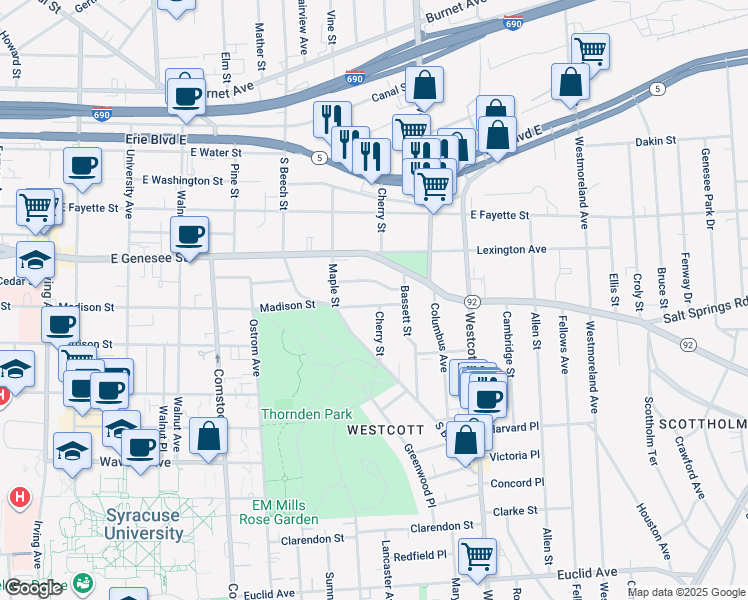 map of restaurants, bars, coffee shops, grocery stores, and more near 1402 Madison Street in Syracuse