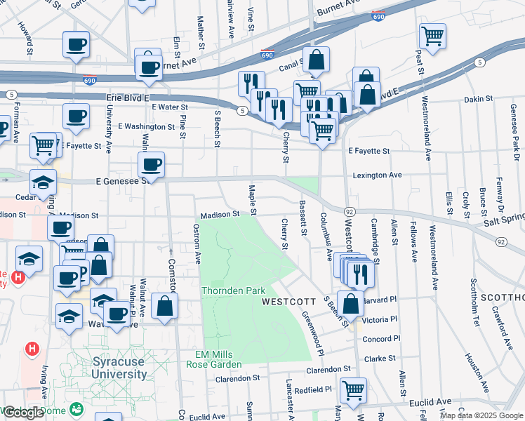 map of restaurants, bars, coffee shops, grocery stores, and more near 1311 Madison Street in Syracuse