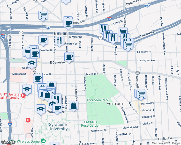 map of restaurants, bars, coffee shops, grocery stores, and more near 1209 Madison Street in Syracuse