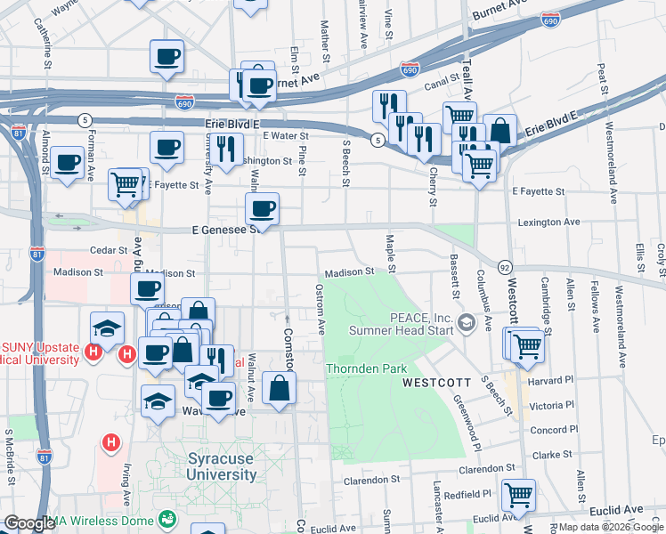 map of restaurants, bars, coffee shops, grocery stores, and more near 1209 Madison Street in Syracuse