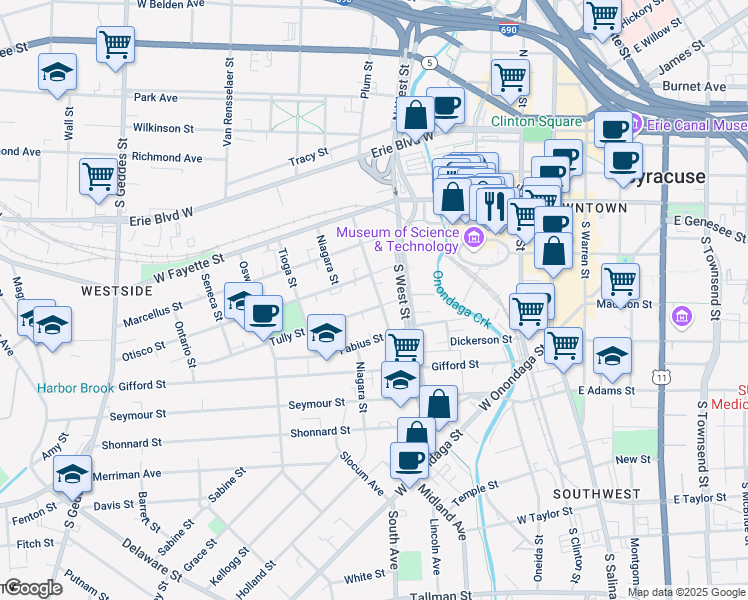 map of restaurants, bars, coffee shops, grocery stores, and more near in Syracuse