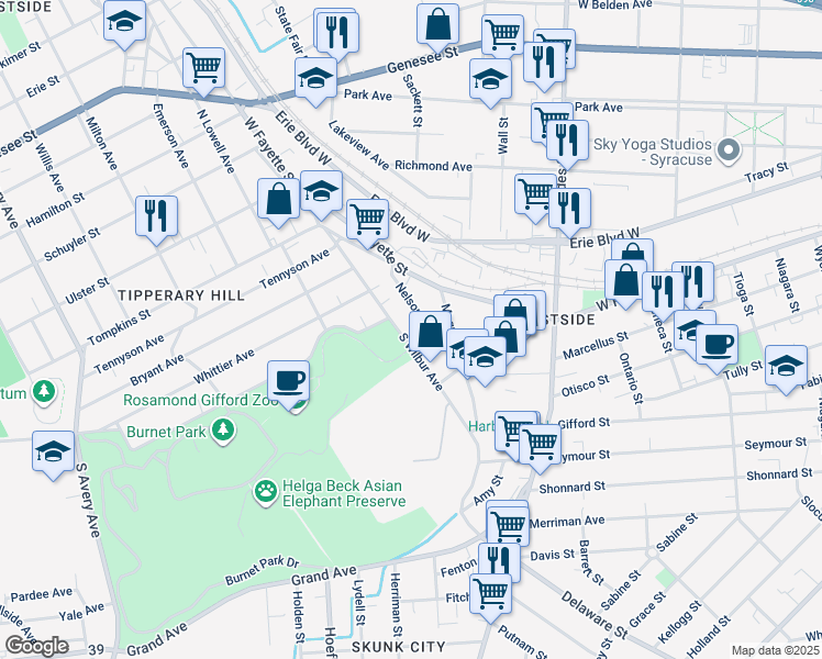 map of restaurants, bars, coffee shops, grocery stores, and more near 144 Nelson Street in Syracuse
