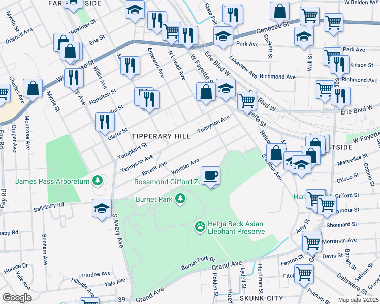 map of restaurants, bars, coffee shops, grocery stores, and more near 315 Bryant Avenue in Syracuse
