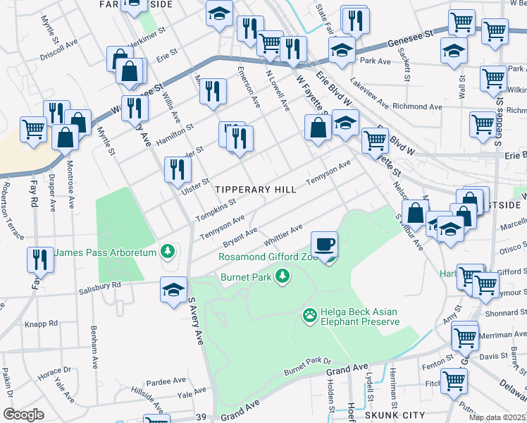 map of restaurants, bars, coffee shops, grocery stores, and more near 205-07 Burnet Park Drive in Syracuse
