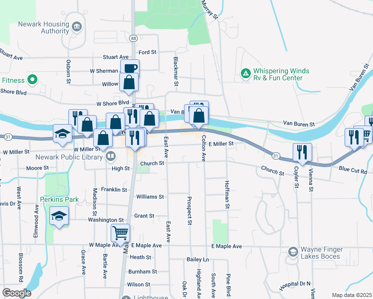 map of restaurants, bars, coffee shops, grocery stores, and more near 217 East Miller Street in Newark