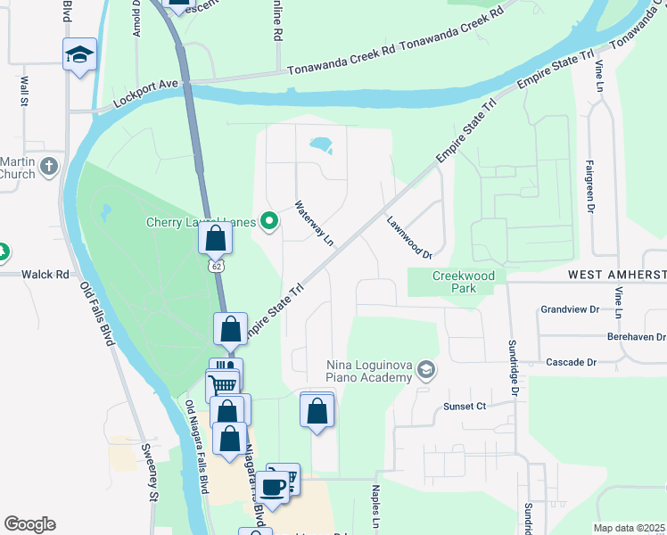 map of restaurants, bars, coffee shops, grocery stores, and more near 229 Tonawanda Creek Road in Buffalo