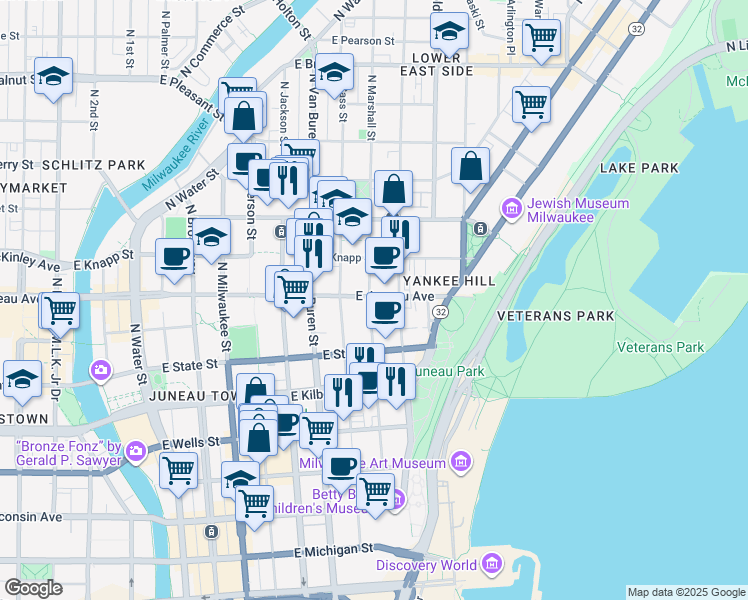 map of restaurants, bars, coffee shops, grocery stores, and more near 1129 North Marshall Street in Milwaukee
