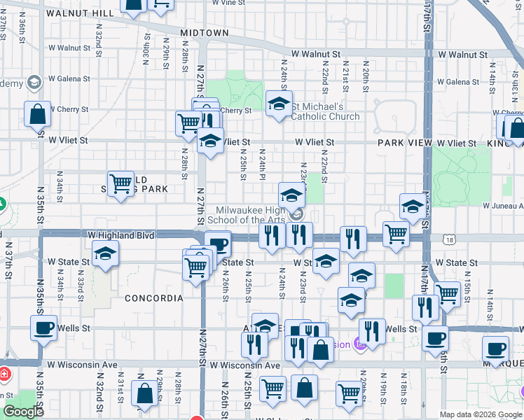 map of restaurants, bars, coffee shops, grocery stores, and more near 2417-2419 West Juneau Avenue in Milwaukee