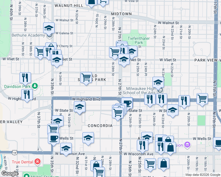 map of restaurants, bars, coffee shops, grocery stores, and more near 2817 West Juneau Avenue in Milwaukee