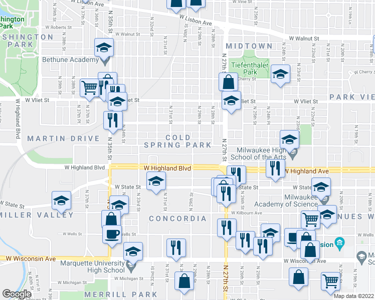 map of restaurants, bars, coffee shops, grocery stores, and more near 1143 North 29th Street in Milwaukee