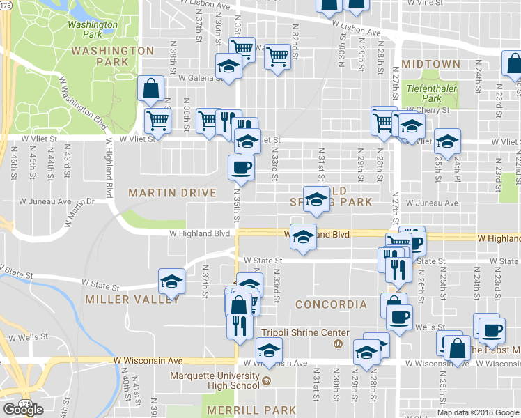 map of restaurants, bars, coffee shops, grocery stores, and more near 1141 North 33rd Street in Milwaukee