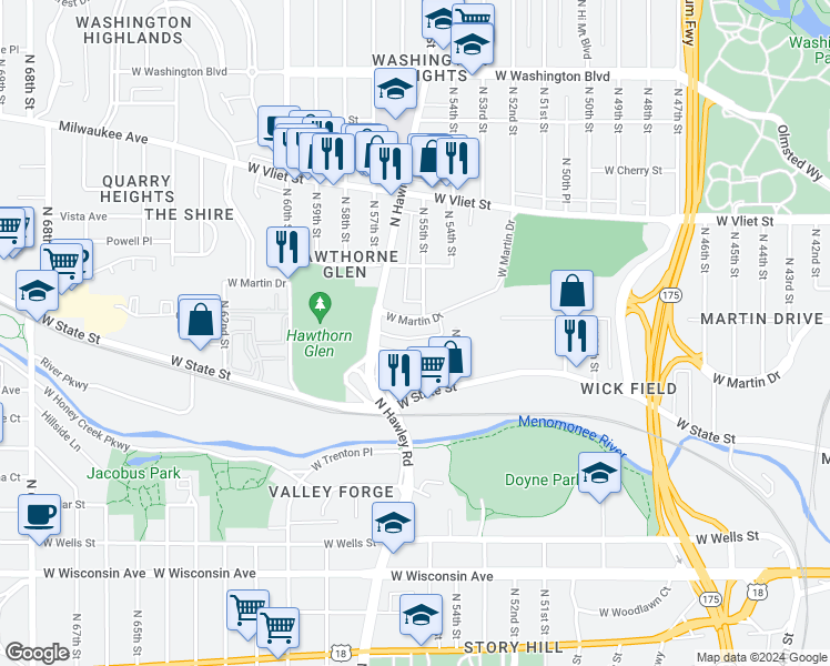 map of restaurants, bars, coffee shops, grocery stores, and more near 5503 West Martin Drive in Milwaukee
