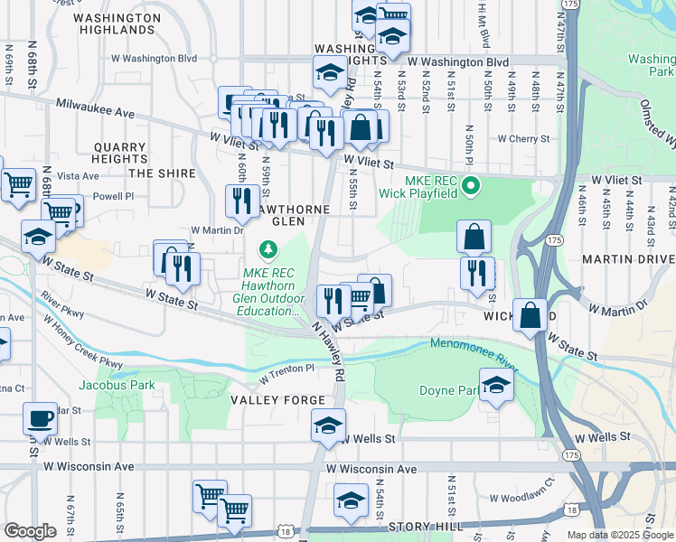 map of restaurants, bars, coffee shops, grocery stores, and more near 5503 West Martin Drive in Milwaukee