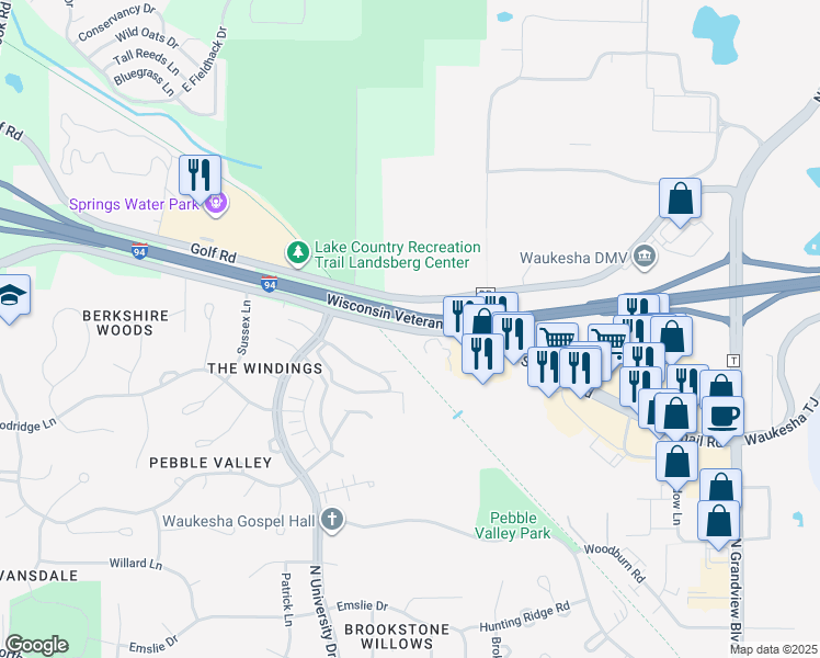 map of restaurants, bars, coffee shops, grocery stores, and more near 2451 Silvernail Road in Pewaukee