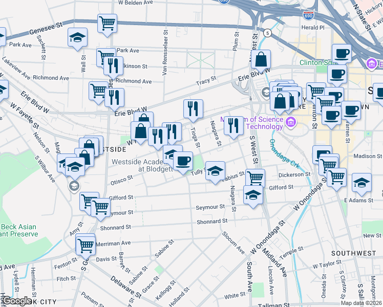 map of restaurants, bars, coffee shops, grocery stores, and more near 408 Otisco Street in Syracuse