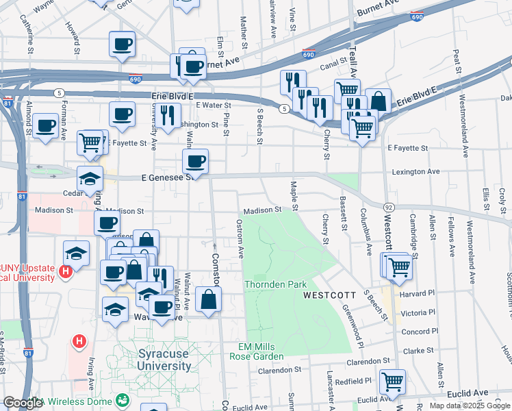 map of restaurants, bars, coffee shops, grocery stores, and more near 1209 Madison Street in Syracuse