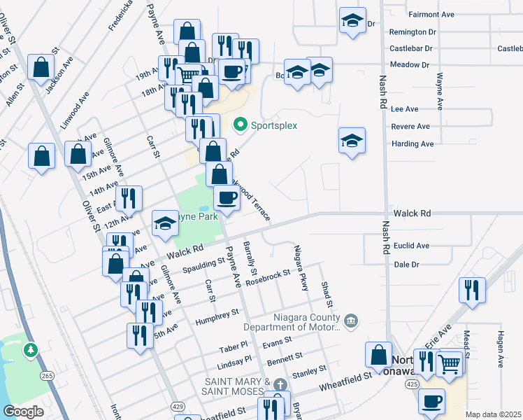map of restaurants, bars, coffee shops, grocery stores, and more near 719 Hedwig Drive in North Tonawanda
