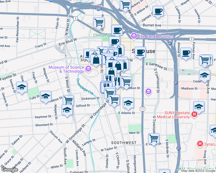 map of restaurants, bars, coffee shops, grocery stores, and more near in Syracuse