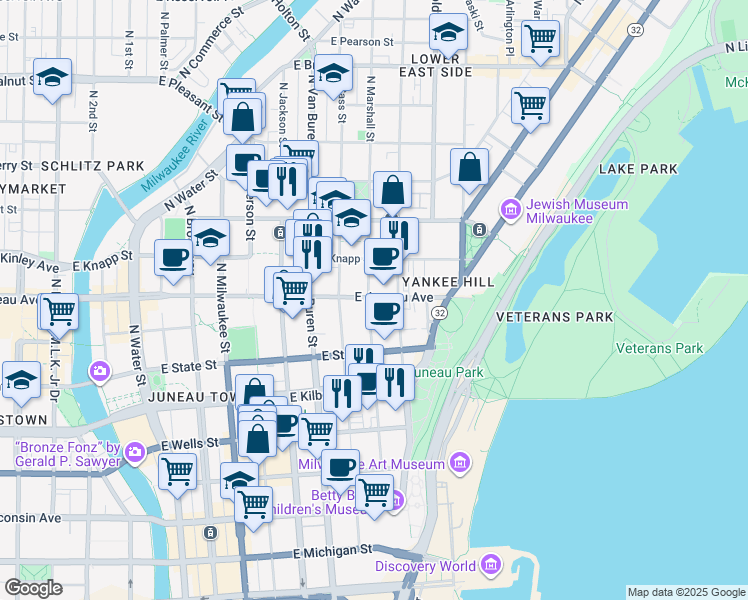 map of restaurants, bars, coffee shops, grocery stores, and more near 1129 North Marshall Street in Milwaukee