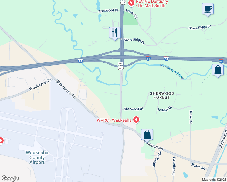 map of restaurants, bars, coffee shops, grocery stores, and more near N11W24058 River Lane in Waukesha