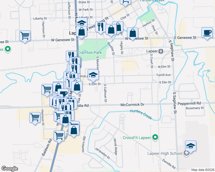 map of restaurants, bars, coffee shops, grocery stores, and more near 535 South Calhoun Street in Lapeer