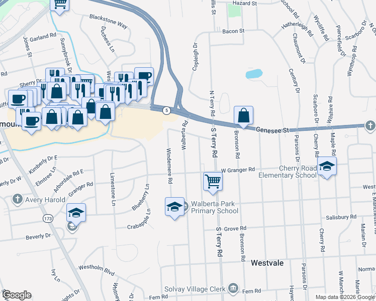 map of restaurants, bars, coffee shops, grocery stores, and more near 112 Newcastle Road in Syracuse