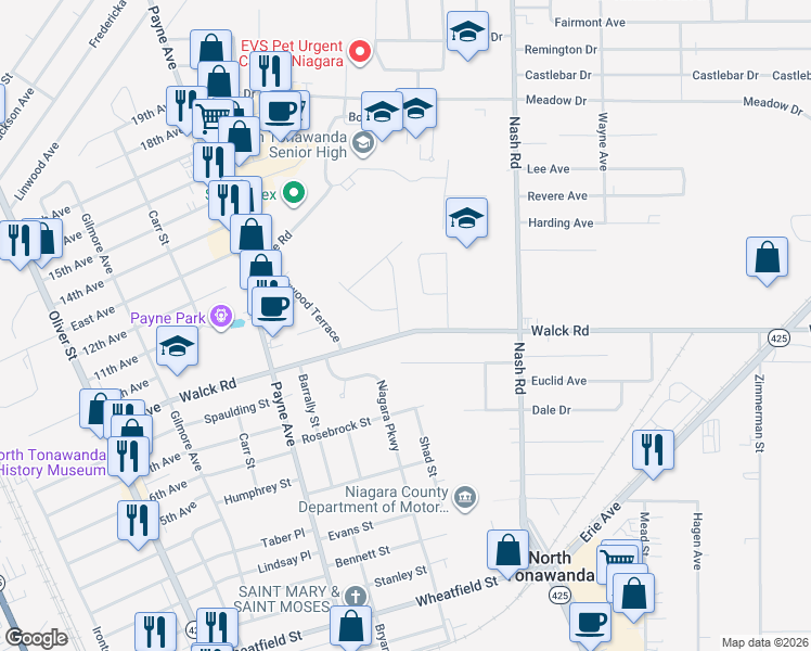 map of restaurants, bars, coffee shops, grocery stores, and more near 434 Walck Road in North Tonawanda