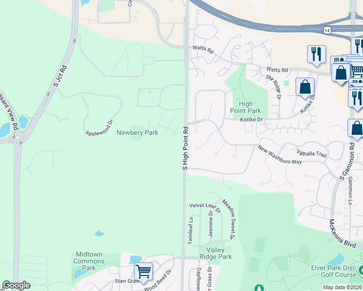map of restaurants, bars, coffee shops, grocery stores, and more near 910 South High Point Road in Madison