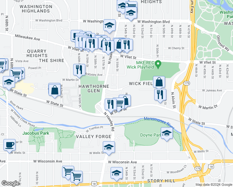 map of restaurants, bars, coffee shops, grocery stores, and more near 5503 West Martin Drive in Milwaukee