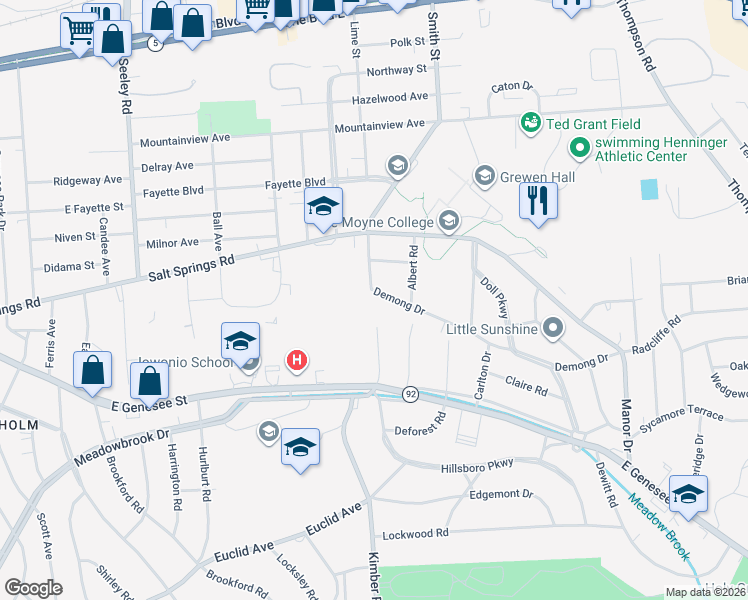 map of restaurants, bars, coffee shops, grocery stores, and more near 300 Demong Drive in Syracuse